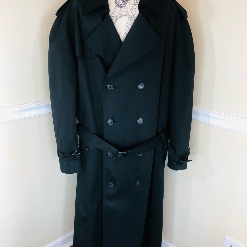 EUC Stafford Brand Men's Double-Breasted Trench/Rain Coat Black; size 46 regular